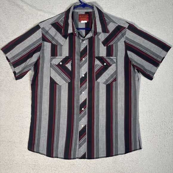 Vintage Rustler Western Shirt Men’s L Pearl Snap Gray Black X Long Tails Yoke - Picture 1 of 13